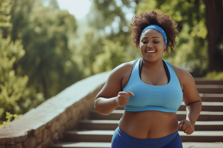 Happy smiling overweight African American woman jogging in park in summer. Portrait of cheerful beautiful fat plump chubby stout young lady in blue sports bra and sweatband running down stone steps in green city parkの素材