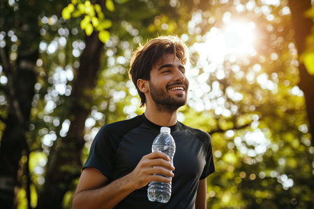 Happy sportsman taking a water break outdoorsの素材