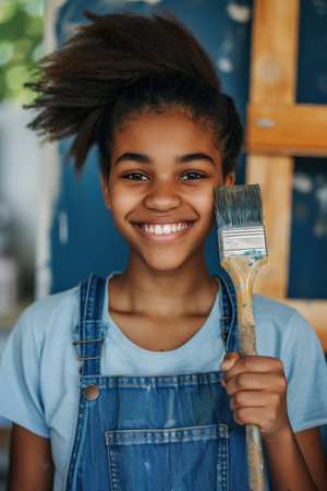 Happy young African American girl confidently holding a painting brush during home renovationの素材
