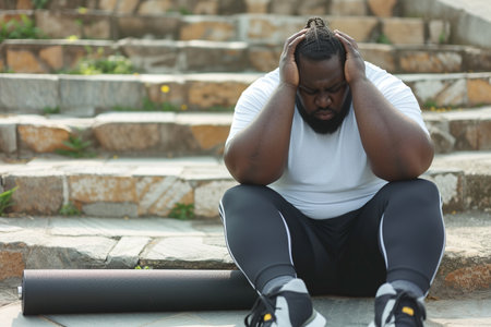 Overweight African American man tired after workout. Fat chubby guy in sportswear with fitness mat sits down on stone steps outside the gym, holds his head, feels sad and exhausted. Sport, fatigue, frustration conceptの素材