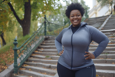 Happy young overweight African American woman having active fitness workout outside. Fat chubby plump lady in sports clothes standing on stone staircase in beautiful city park, doing lateral bend exercise and smilingの素材