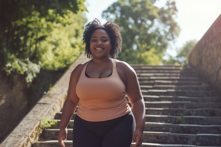 Happy young overweight African American woman having active fitness workout outside. Fat chubby plump lady in sports clothes standing on stone staircase in beautiful city park, doing lateral bend exercise and smilingの素材