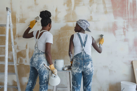 Two African American women, expert painters at work during a house renovation. Construction prowess transforms walls, enhancing the beauty of the apartment and the essence of home.の素材