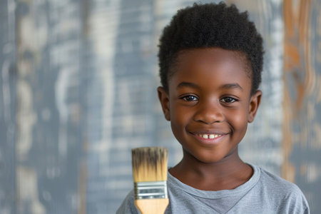 Happy young African American boy confidently holding a painting brush during home renovationの素材