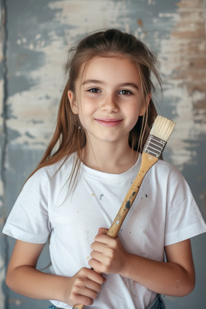 Happy young girl confidently holding a painting brush during home renovationの素材