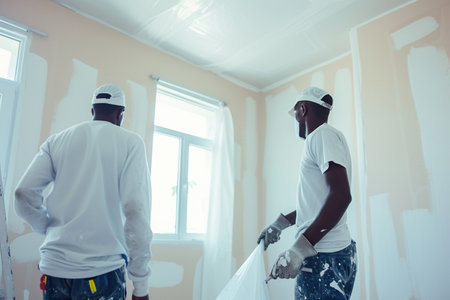 Two African American men, expert painters at work during a house renovation. Construction prowess transforms walls, enhancing the beauty of the apartment and the essence of home.の素材