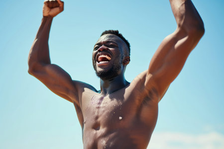 Fit African American male athlete celebrating wellbeing and wellness with a breakの素材