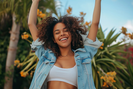 Young woman dancing to her favorite songの素材
