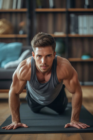 Young attractive sporty man doing push-up or plank sport exercises lying on yoga mat on the floor in the living room at home. Fitness, workout and home training conceptの素材