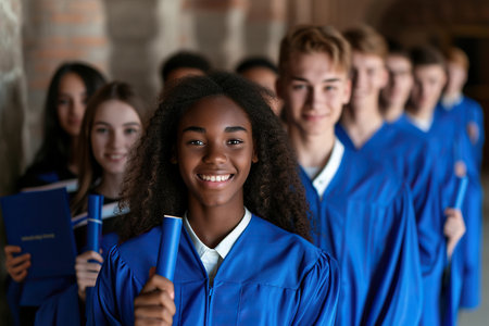 Diverse group of young joyful people wearing blue graduation gowns standing indoors in a row and looking cheerful at camera with diplomas in hands. Happy graduate students portraitの素材