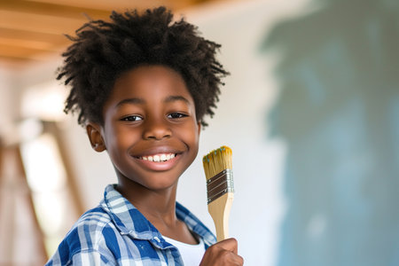 Happy young African American boy confidently holding a painting brush during home renovationの素材