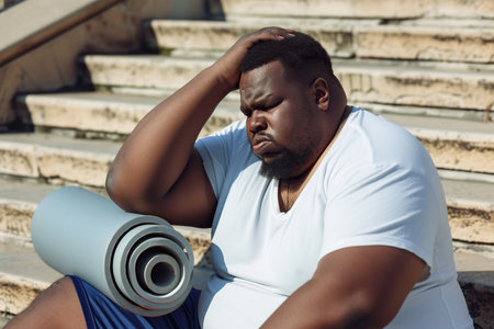 Overweight African American man tired after workout. Fat chubby guy in sportswear with fitness mat sits down on stone steps outside the gym, holds his head, feels sad and exhausted. Sport, fatigue, frustration conceptの素材
