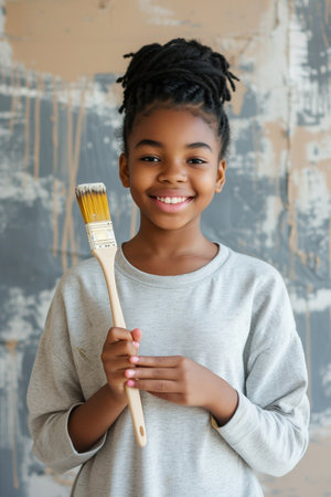 Happy young African American girl confidently holding a painting brush during home renovationの素材
