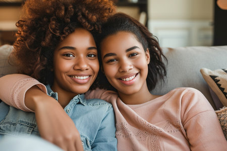 Cheerful happy young African American mother with teen daughter sitting on sofa at home. Joyful woman parent with child girl hugging indoors. Mothers day, family relationship, love and care concept.の素材