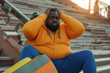 Overweight African American man tired after workout. Fat chubby guy in sportswear with fitness mat sits down on stone steps outside the gym, holds his head, feels sad and exhausted. Sport, fatigue, frustration conceptの素材