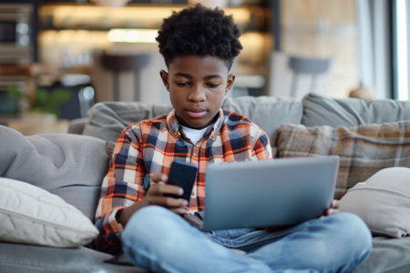 Young ethnic African American boy teenager uses laptop to chat with friends and use social networks on Internet sits on sofa with portable computer on lap. Digital addictionの素材