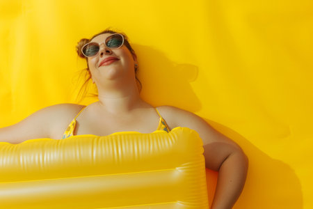 Happy funny plus size woman in sunglasses and summer yellow bikini holding inflatable mattress isolated on a studio yellow background. Fat girl going to swim on a beach. Vacation conceptの素材