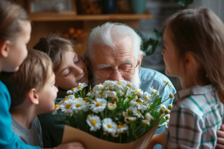 Happy grandfather receives birthday presents from his loving family. Children together with grandmother give grandpa a card and a bouquet of beautiful flowersの素材