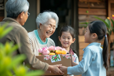 Happy Japanese grandmother receives birthday presents from her loving family. Children together with grandfather give grandma a card and a bouquet of beautiful flowersの素材