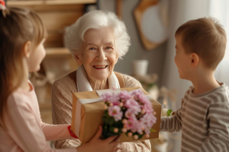 Happy senior woman receives presents from her grandchildren. Children make their grandmother a birthday surprise. Little kids give their grandma a gift card and a bouquet of flowersの素材