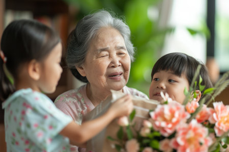 Happy senior Asian woman receives presents from her grandchildren. Children make their grandmother a birthday surprise. Little kids give their grandma a gift card and a bouquet of flowersの素材