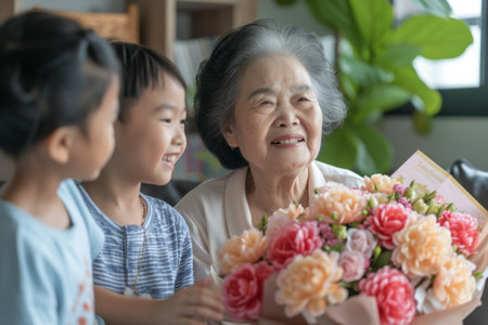 Happy senior Asian woman receives presents from her grandchildren. Children make their grandmother a birthday surprise. Little kids give their grandma a gift card and a bouquet of flowersの素材