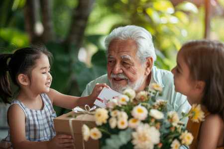 Happy senior Latin man receives presents from his grandchildren. Children make their grandfather a birthday surprise. Little kids give their grandpa a gift card and a bouquet of flowersの素材