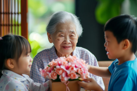 Happy senior Asian woman receives presents from her grandchildren. Children make their grandmother a birthday surprise. Little kids give their grandma a gift card and a bouquet of flowersの素材