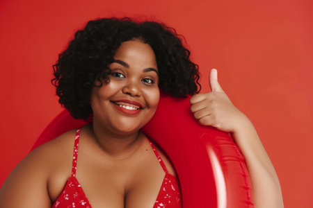 Portrait of happy smiling fat African American woman in beach rubber ring wearing red swimsuit showing thumb up sign isolated on a red studio background. Travel, vacation and summer journey concept.の素材