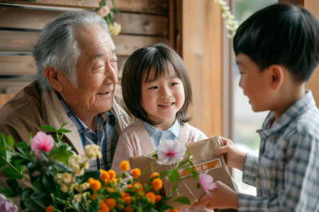 Happy senior Asian woman receives presents from her grandchildren. Children make their grandmother a birthday surprise. Little kids give their grandma a gift card and a bouquet of flowersの素材