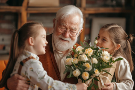Happy senior man receives presents from his grandchildren. Children make their grandfather a birthday surprise. Little kids give their grandpa a gift card and a bouquet of flowersの素材
