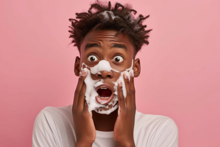Handsome nervous African American teenage boy with foam on face learning to shave isolated on pink studio backgroundの素材