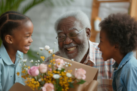 Happy senior African American man receives presents from his grandchildren. Children make their grandfather a birthday surprise. Little kids give their grandpa a gift card and a bouquet of flowersの素材