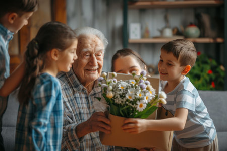 Happy grandfather receives birthday presents from his loving family. Children together with grandmother give grandpa a card and a bouquet of beautiful flowersの素材