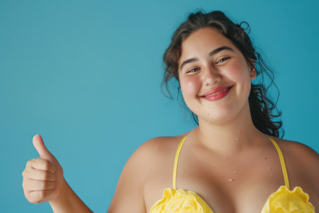 Fat woman wearing yellow swimsuit showing thumb up sign isolated on a blue studio background.の素材