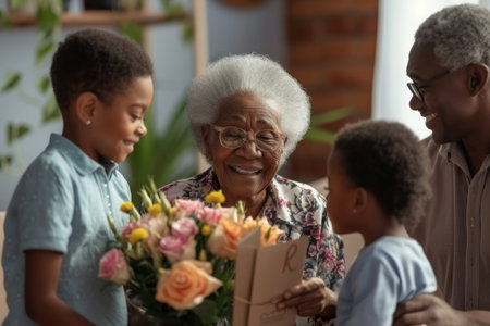 Happy African American grandmother receives birthday presents from her loving family. Children together with grandfather give grandma a card and a bouquet of beautiful flowersの素材