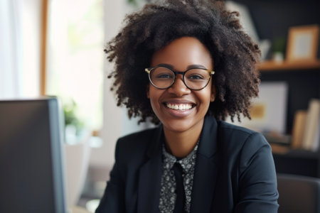 Happy smiling African American business woman in suit and glasses looking at monitor screen camera having online webinar or video call or conference with colleague sitting in office. Concept of internet communication.の素材