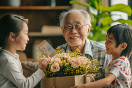 Happy senior Asian woman receives presents from her grandchildren. Children make their grandmother a birthday surprise. Little kids give their grandma a gift card and a bouquet of flowersの素材