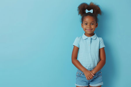 Children's fashion. Portrait of cute beautiful preteen African American girl in trendy casual clothes on light blue background in studio. Happy pretty schoolgirl in denim shorts and polo shirt smiling at cameraの素材