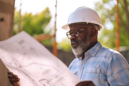 Mature African American architect wearing hardhat inspecting new building, looking at the construction plan.の素材