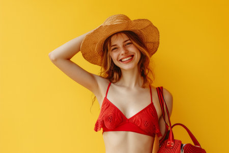 Funny young happy woman in red swimsuit going on summer holiday trip and having fun on a yellow studio background with copy space. Vacation and travel conceptの素材