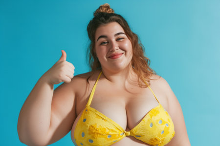 Smiling fat woman wearing yellow swimsuit showing thumb up sign isolated on a blue studio background. Traveling, body positive concept.の素材