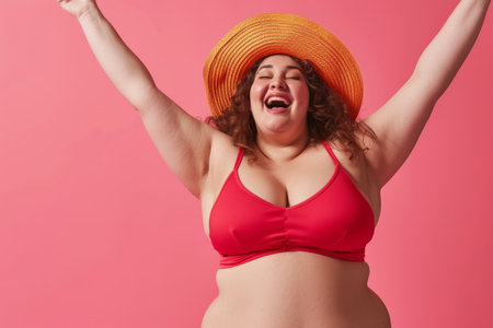 Happy plus size woman in red swimsuit going on summer holiday trip and having fun on a pink studio background with copy space. Vacation and travel conceptの素材
