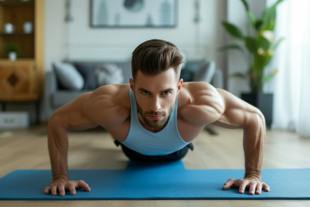 Young attractive sporty man doing push-up or plank sport exercises lying on yoga mat on the floor in the living room at homeの素材