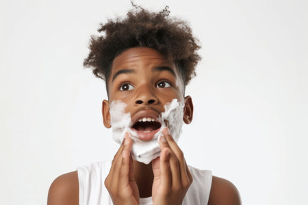 Handsome nervous African American teenage boy with foam on face learning to shave isolated on white studio backgroundの素材