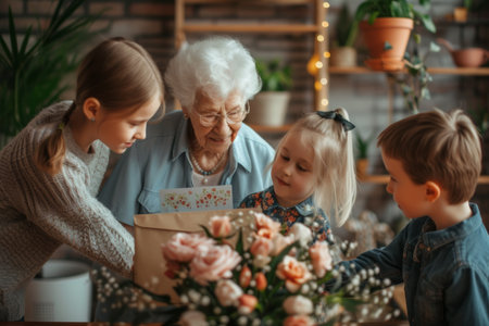 Happy grandmother receives birthday presents from her loving family. Children together with grandfather give grandma a card and a bouquet of beautiful flowersの素材