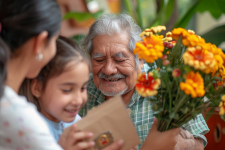 Happy Hispanic grandfather receives birthday presents from his loving family. Children together with grandmother give grandpa a card and a bouquet of beautiful flowersの素材