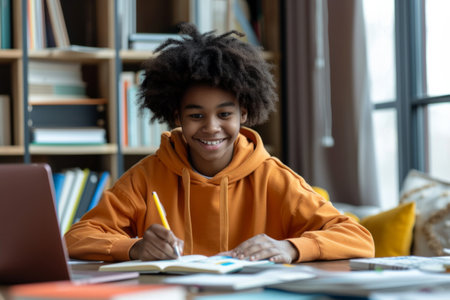 Smiling African American Boy studying with laptop computer. Teenage boy sitting at his desk and writing in notebook. Student doing his homework or learning online.の素材