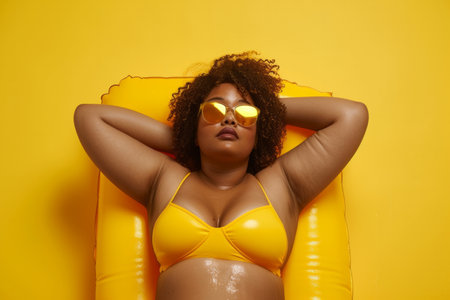 Happy funny plus size African American woman in sunglasses and summer yellow bikini holding inflatable mattress isolated on a studio yellow background. Fat girl going to swim on a beach. Vacation concept.の素材