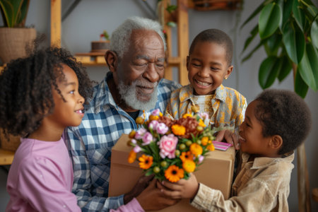 Happy senior African American man receives presents from his grandchildren. Children make their grandfather a birthday surprise. Little kids give their grandpa a gift card and a bouquet of flowersの素材